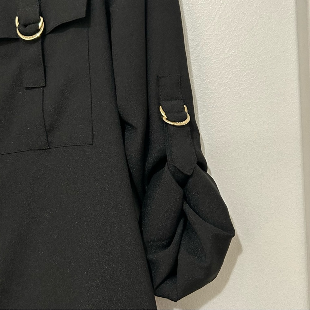 Calvin Klein Black Roll-Tab Sleeve Blouse  Gold Hardware Utility Top Women's - Picture 2 of 6